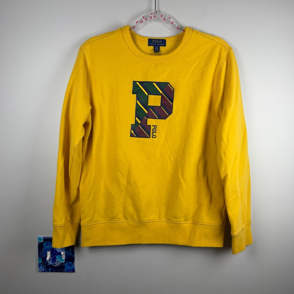 Polo Ralph Lauren Monogram Striped P Yellow Crewneck Sweatshirt Large 14-16 Kids